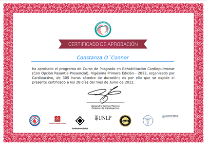 Certificado de Aprobación de Curso de Posgrado de Rehabilitación Cardiopulmonar